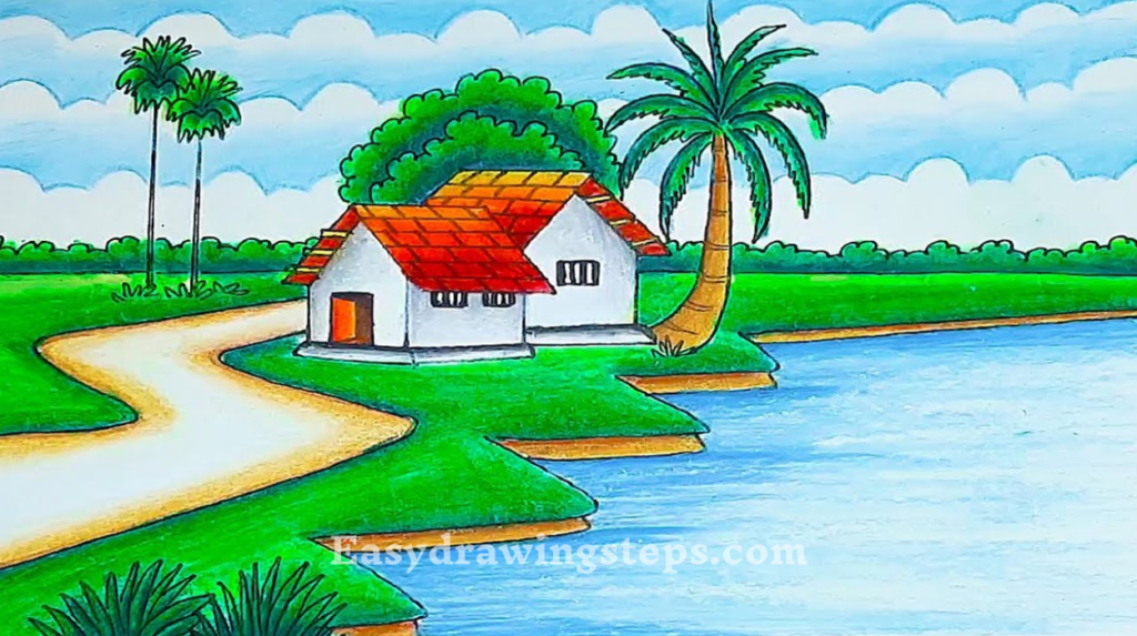 10 easy steps to draw Beautiful Village Scenery Drawing - Easy Drawing