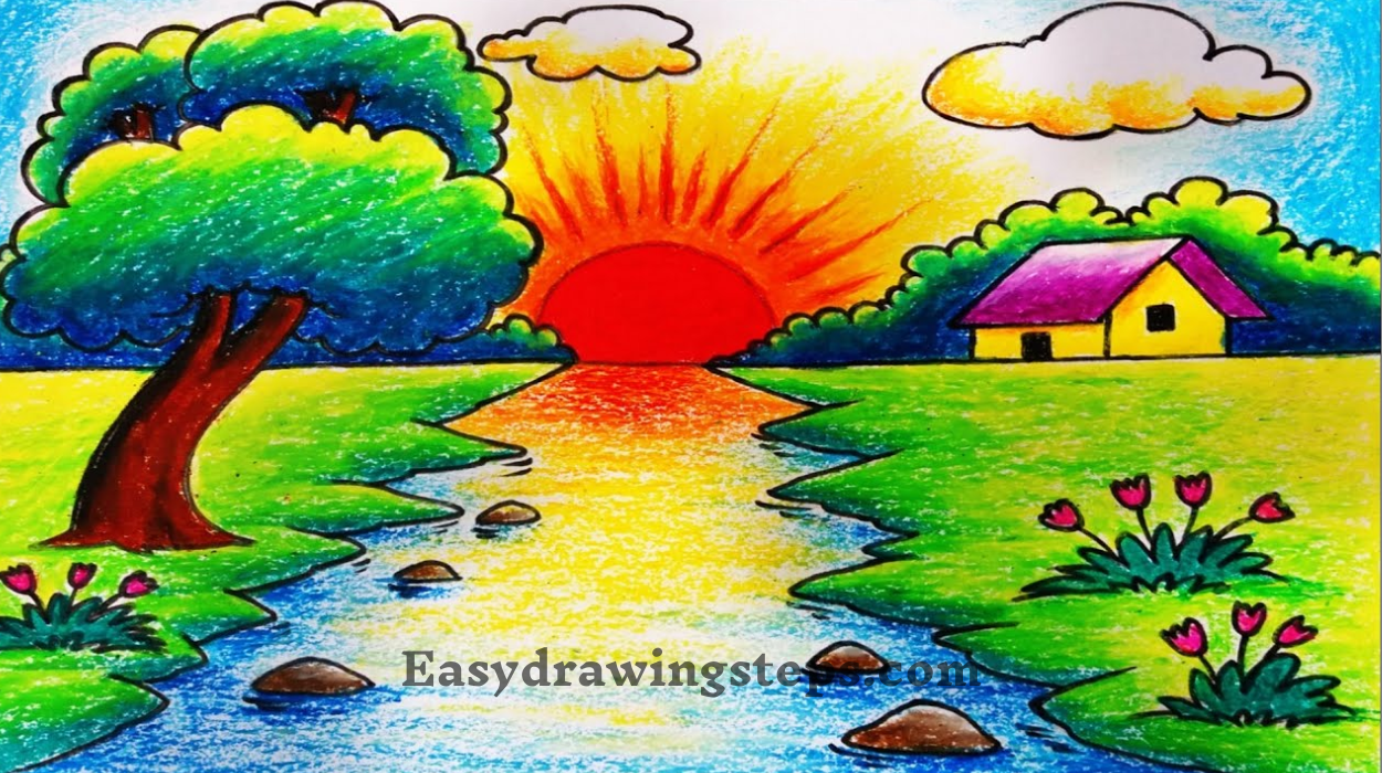 10 easy steps to draw Nature Easy Scenery Drawing - Easy Drawing