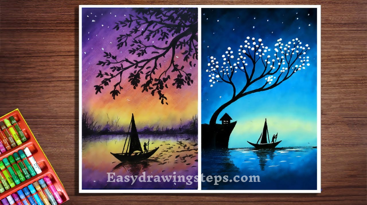 10 easy steps to draw Night Oil Pastel Scenery Drawing - Easy Drawing