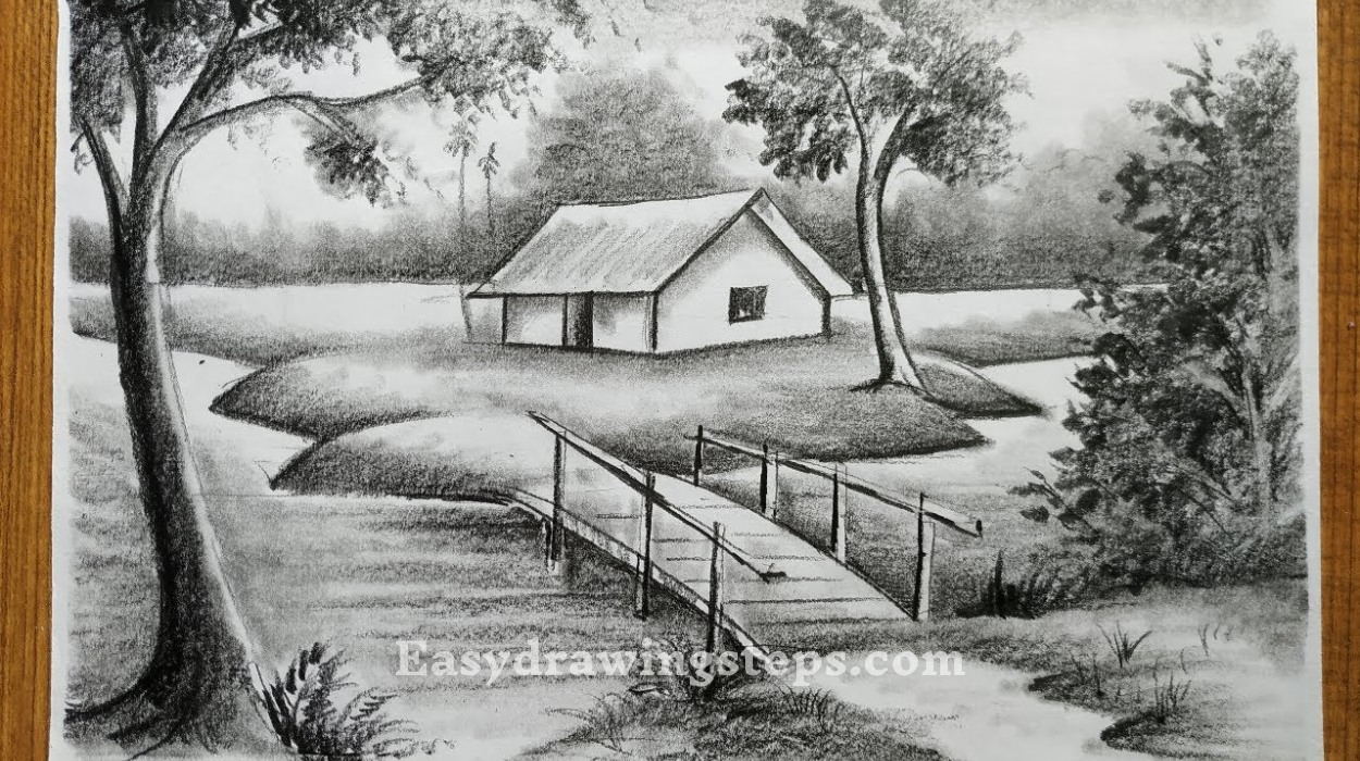 10 easy steps to draw Pencil Nature Scenery Drawing - Easy Drawing