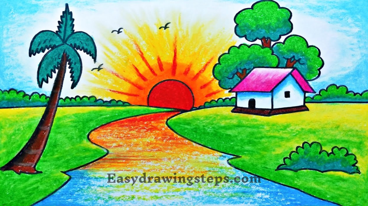 10 easy steps to draw Scenery Drawing For Kids - Easy Drawing