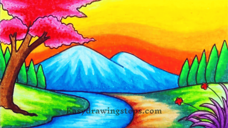 Scenary Simple 10 easy steps to draw Simple Scenery Drawing - Easy Drawing